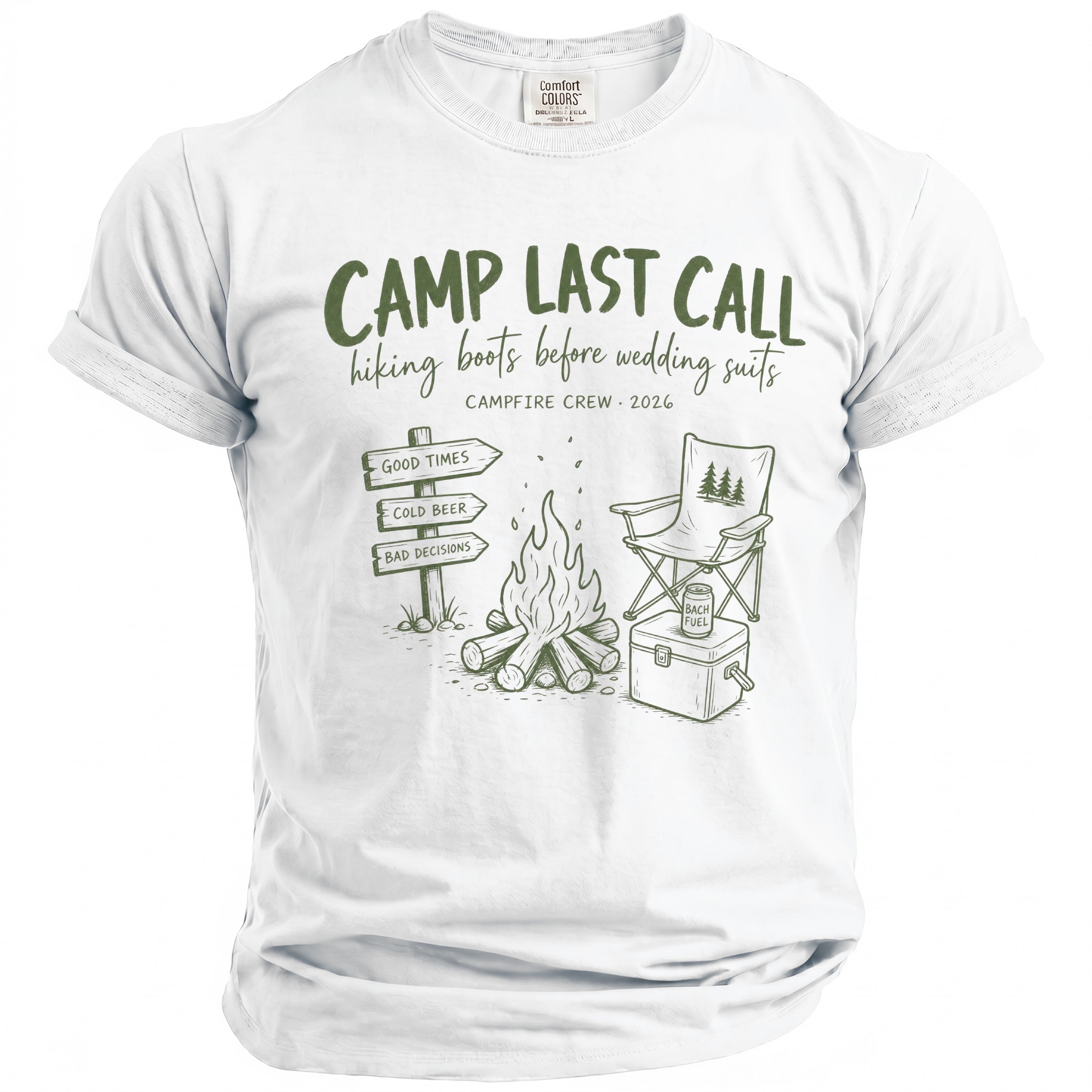 White t-shirt with "Camp Last Call" design featuring campfire, signs, and camping chair.