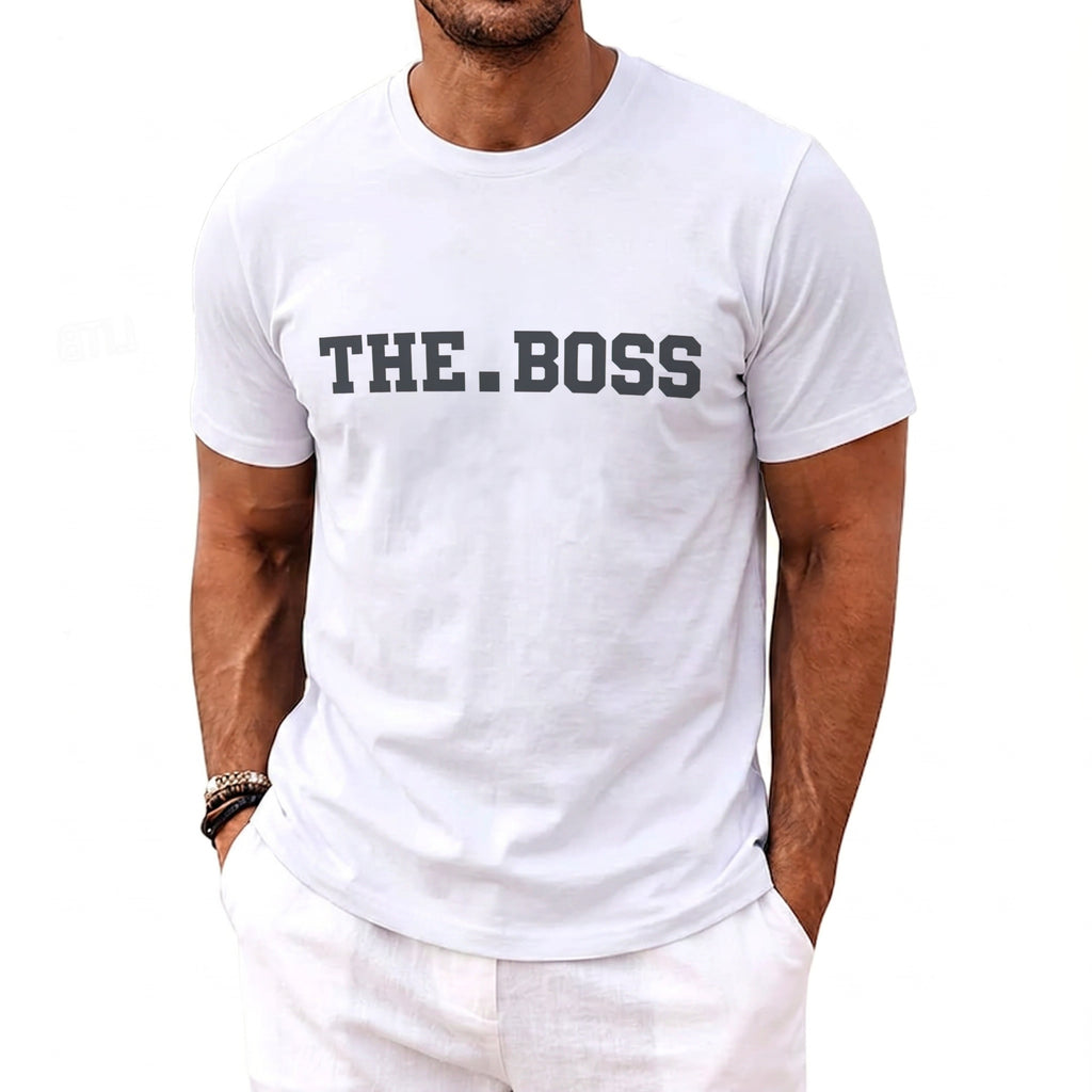 White t-shirt with bold dark grey text "THE.BOSS" across the chest.