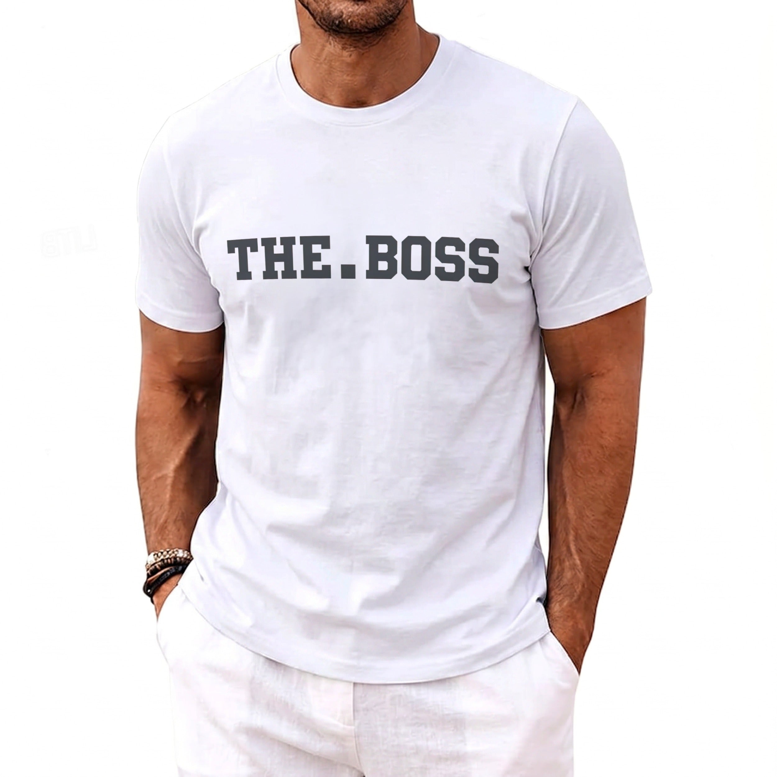 White t-shirt with bold dark grey text "THE.BOSS" across the chest.