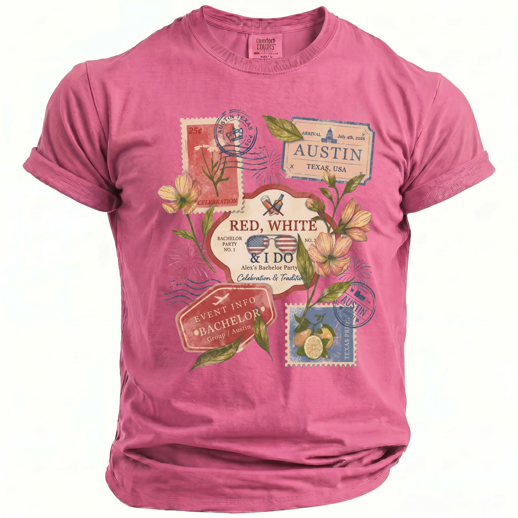 Pink t-shirt with "Red, White, & I Do" bachelor party graphics and Austin stamps.