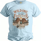 Light blue t-shirt with "Wild One Free Spirit Before Forever Phoenix's Bach Sedona, AZ Summer 2026" graphic.