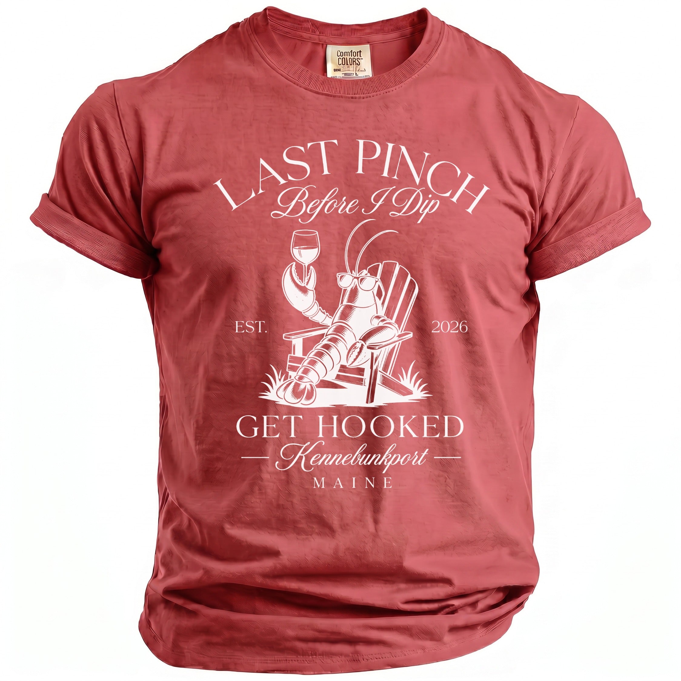 Red t-shirt with lobster graphic and text "Last Pinch Before I Dip".
