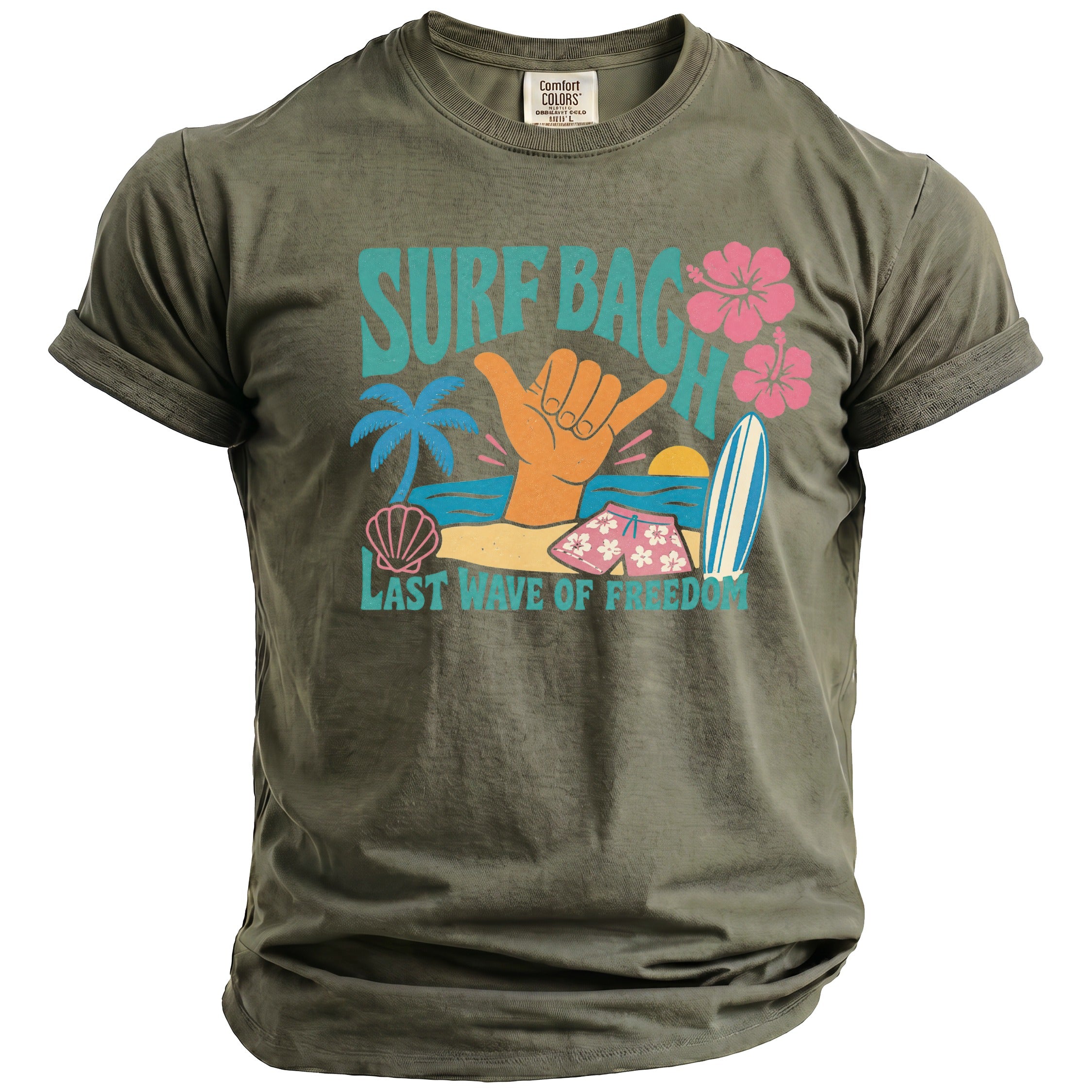 Olive t-shirt with "Surf Bach" graphic, shaka hand, palm tree, and hibiscus flowers.