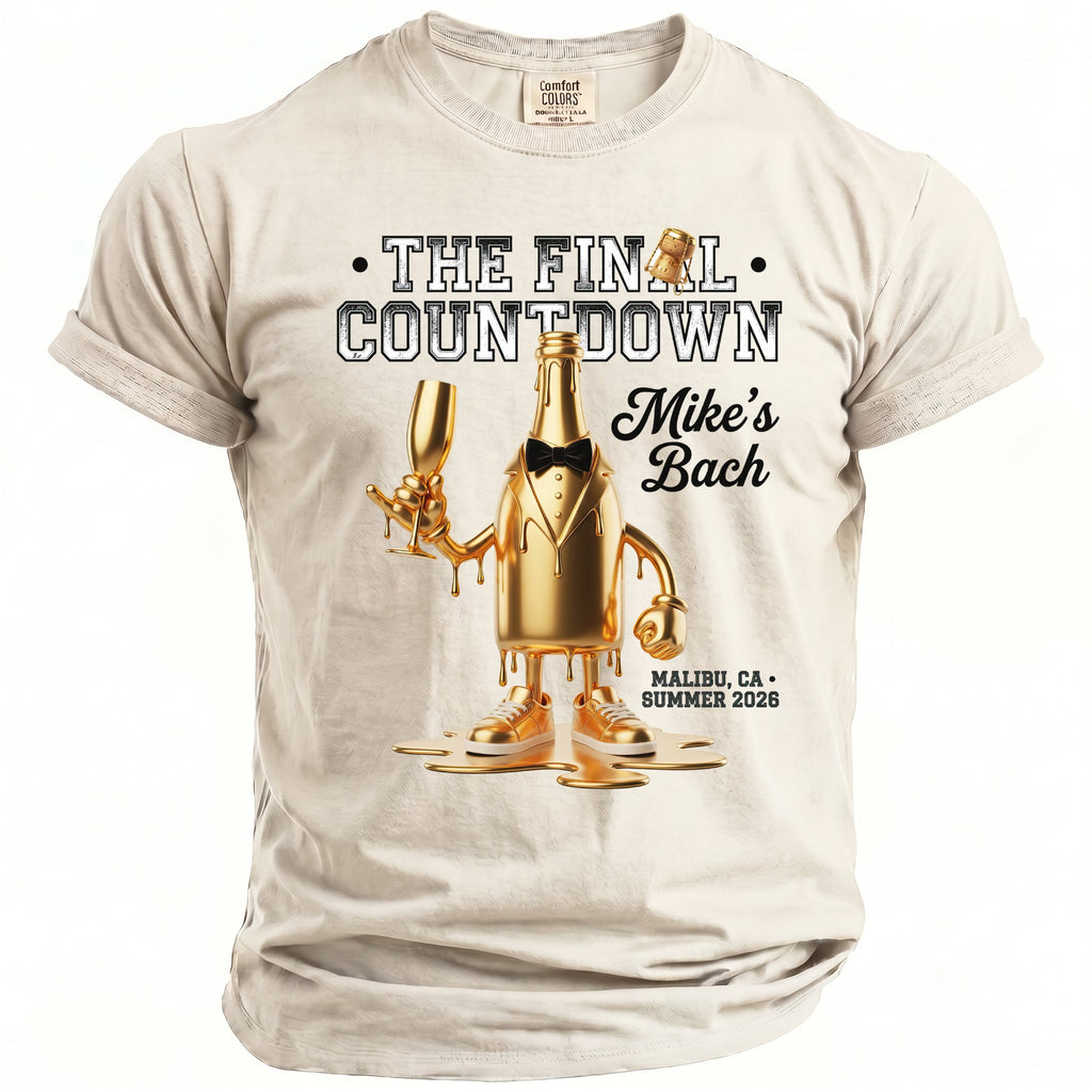 T-shirt with cartoon gold bottle saying "The Final Countdown" and "Mike's Bach".