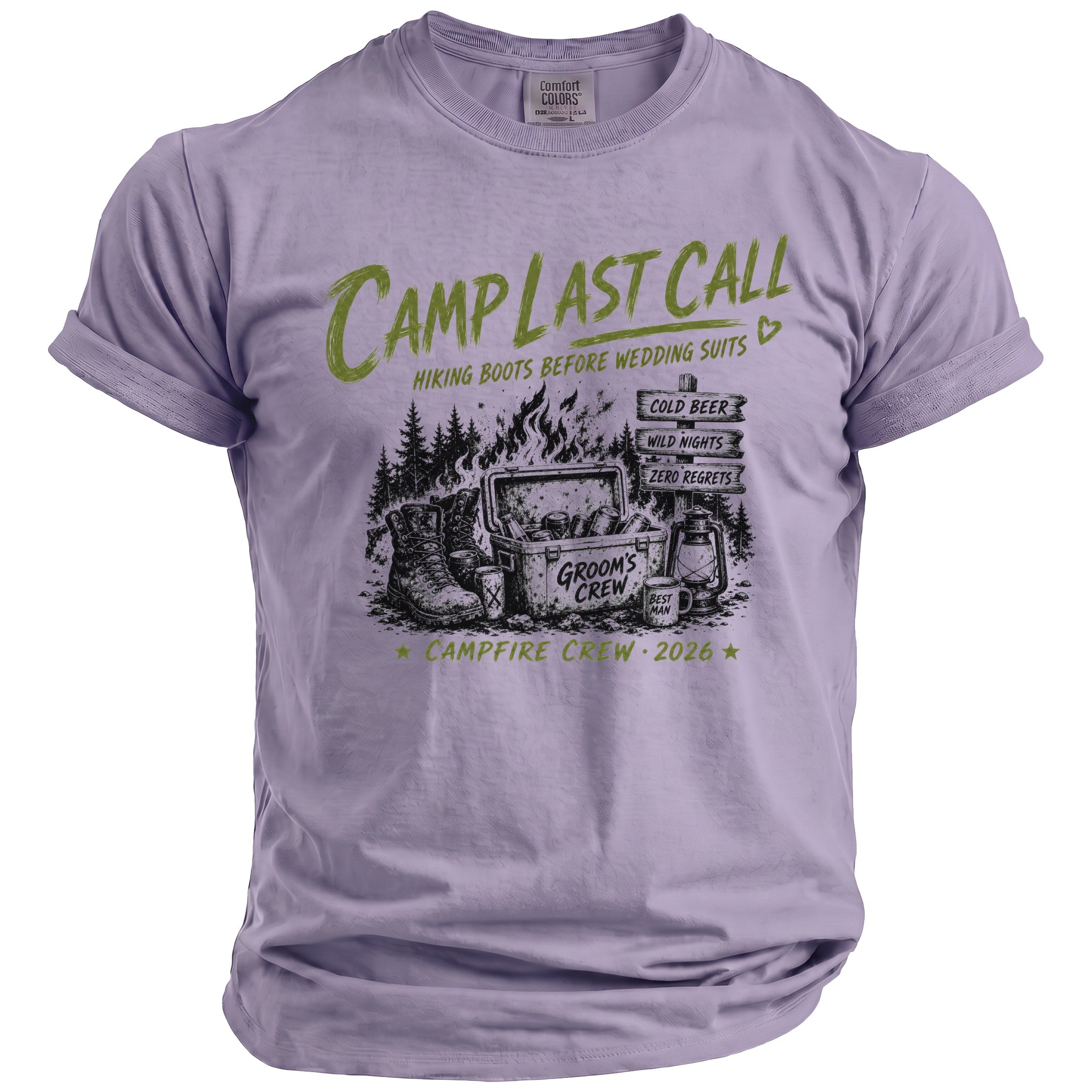 Purple t-shirt with "Camp Last Call" graphic featuring boots, cooler, and campfire.
