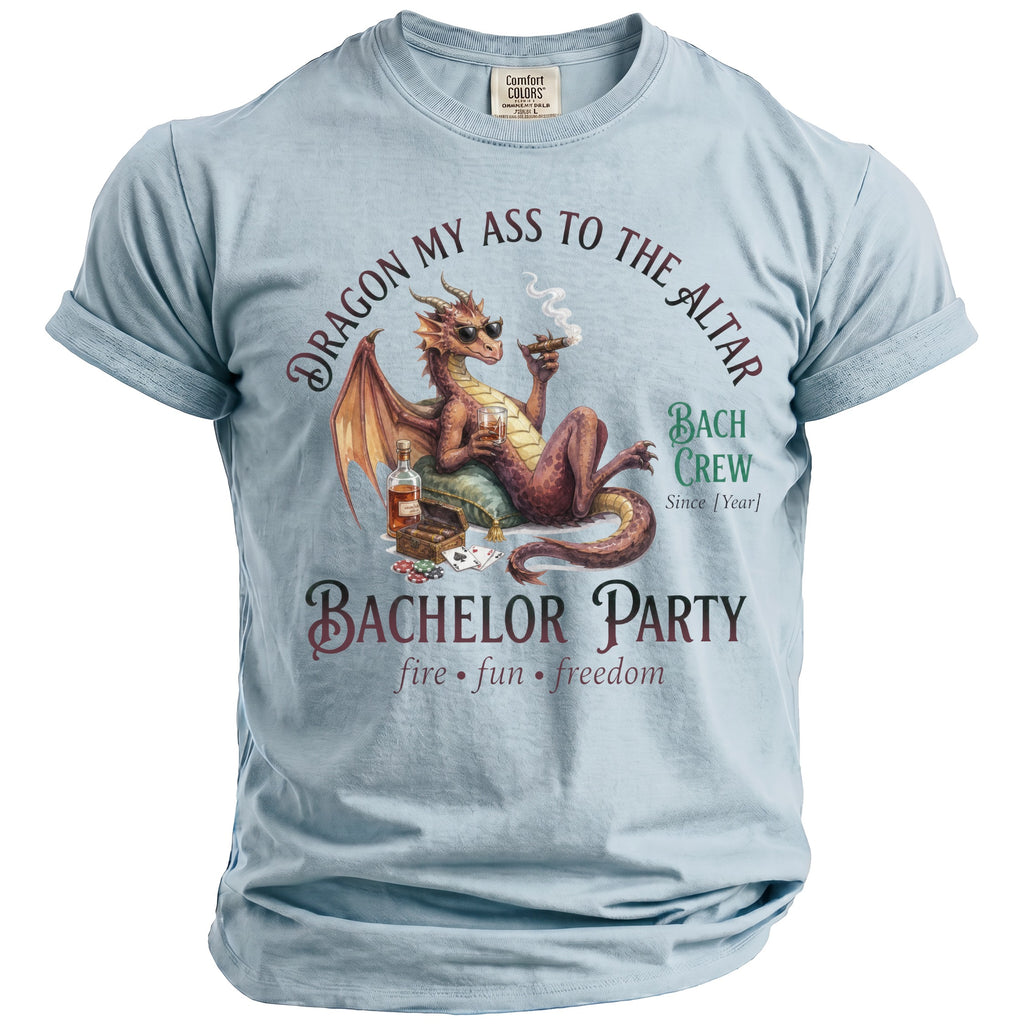 Light blue t-shirt with a dragon graphic for a "Bachelor Party Bach Crew".