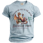 Light blue t-shirt with a dragon graphic for a "Bachelor Party Bach Crew".