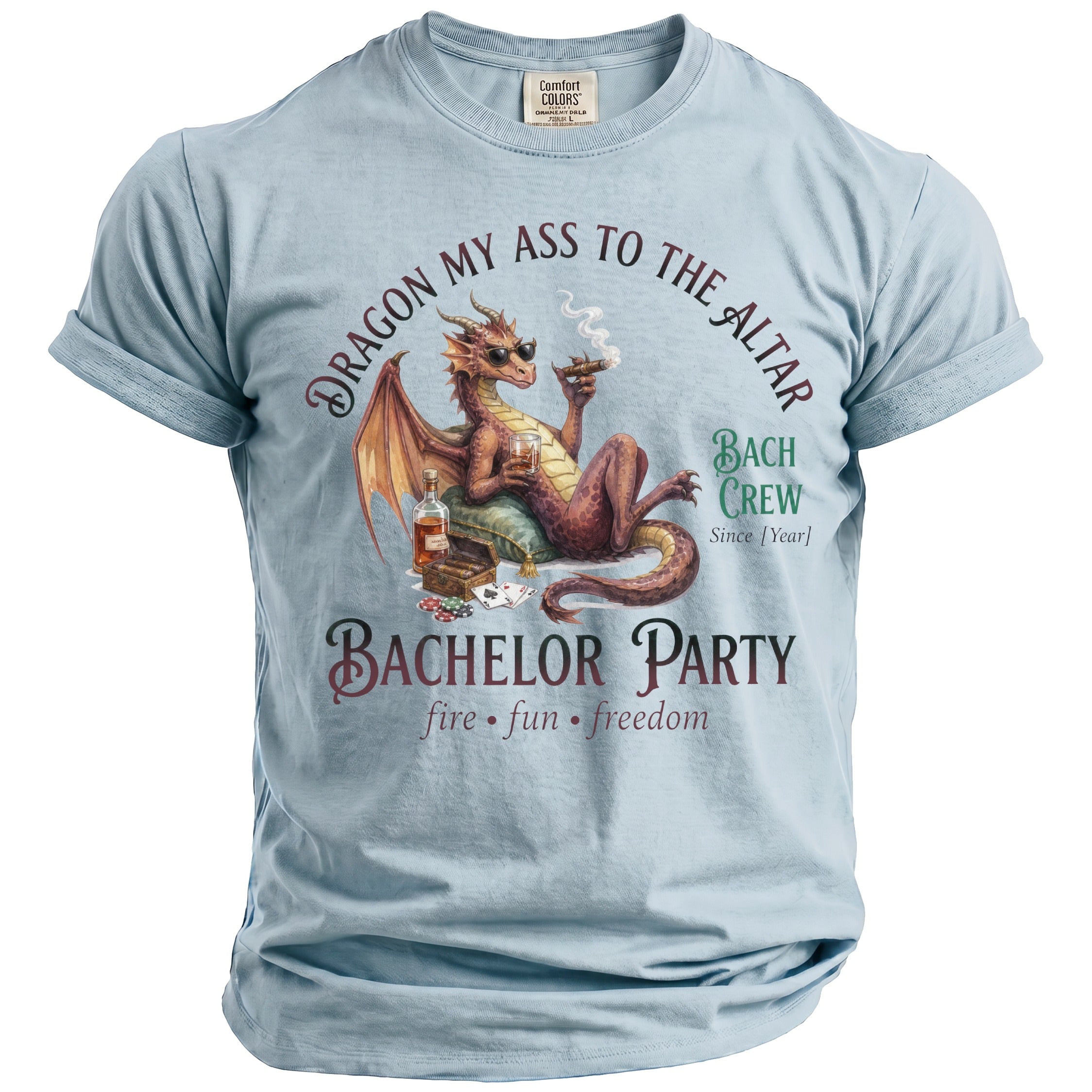 Light blue t-shirt with a dragon graphic for a "Bachelor Party Bach Crew".
