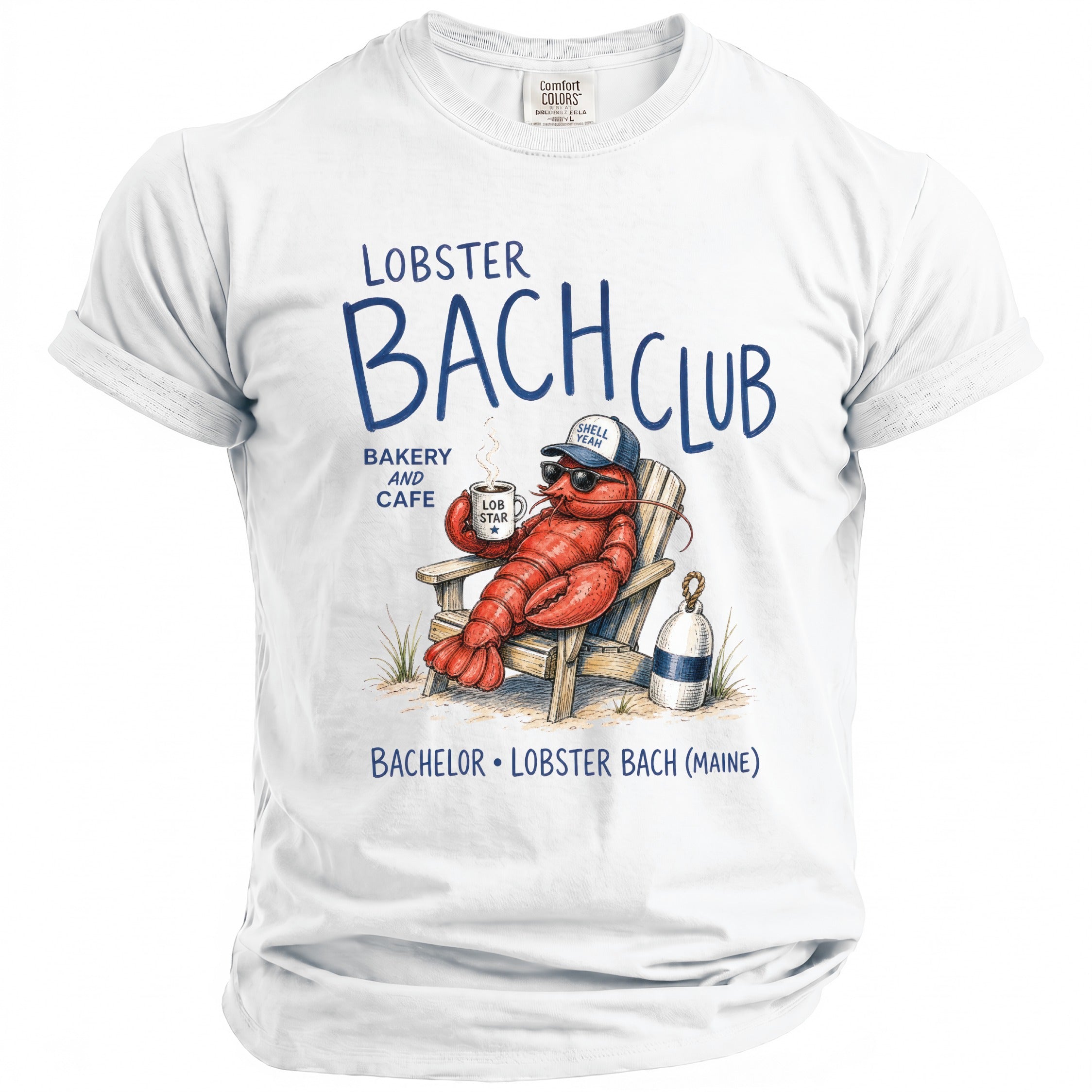 Lobster Bach Club Bakery and Cafe with a lobster in a chair and a buoy.