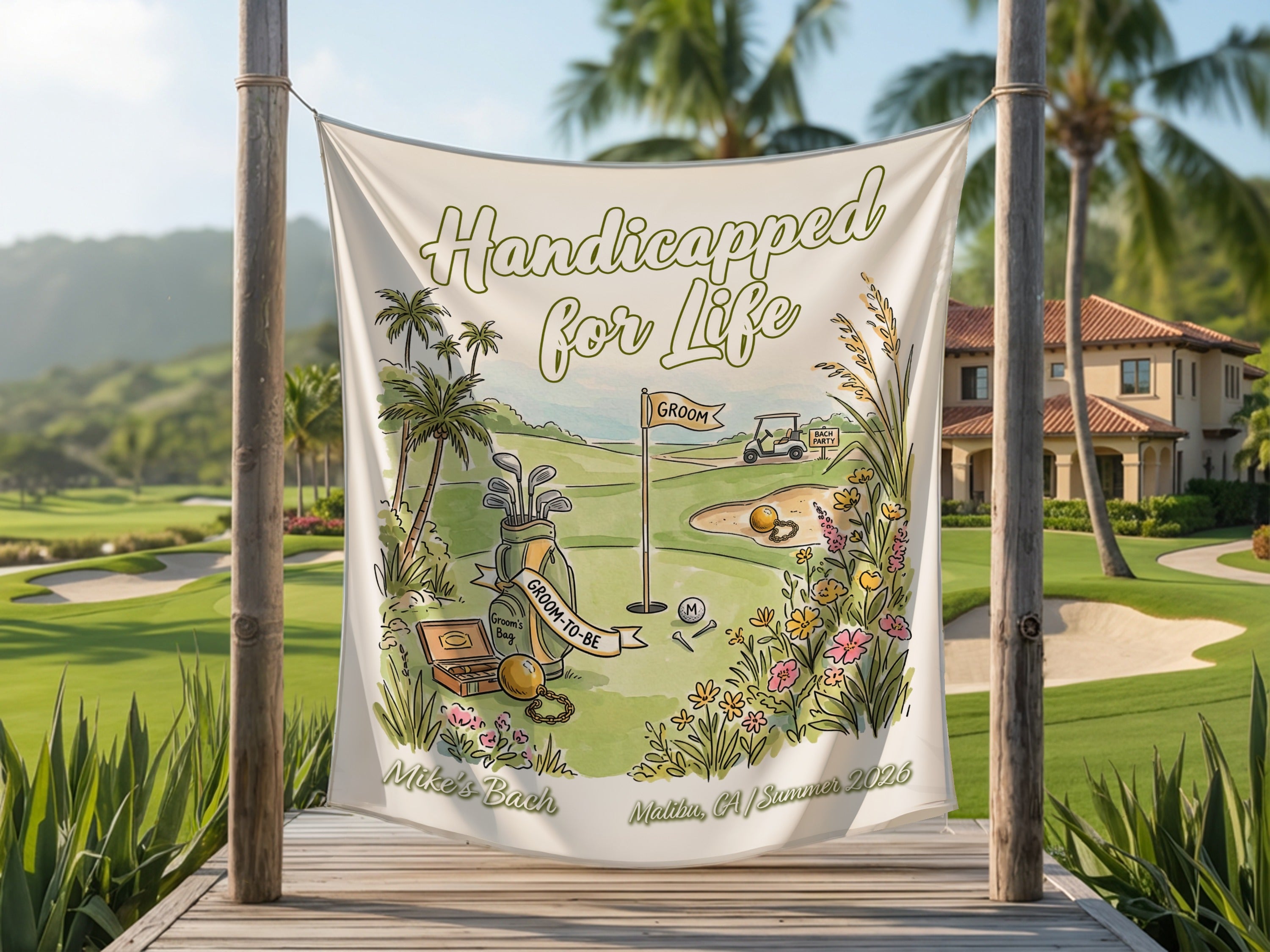 Golf-themed banner with "Handicapped for Life" and "Mike's Bach" text.