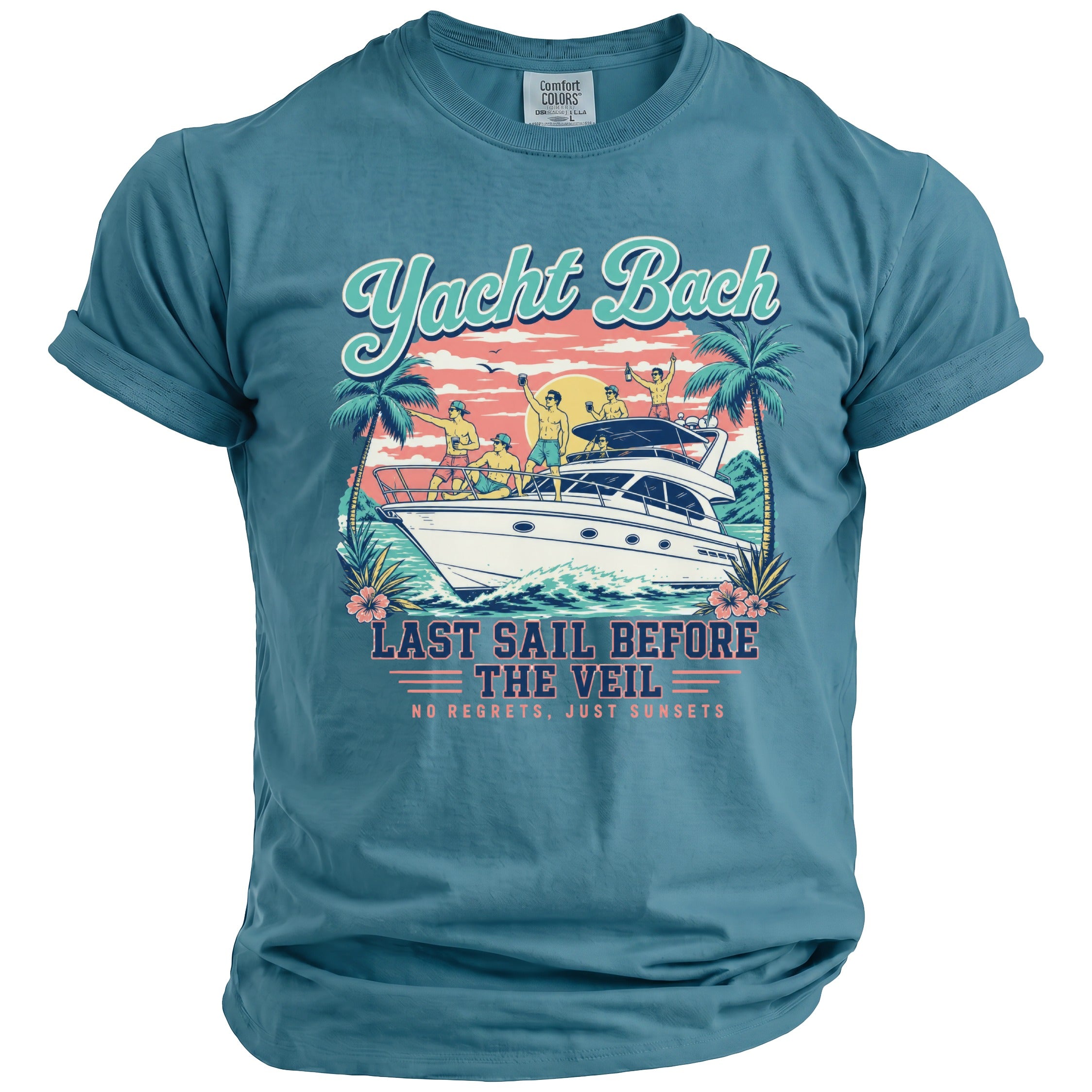 Blue t-shirt featuring a graphic of men on a yacht with sunset, palm trees, and text reading Yacht Bach.