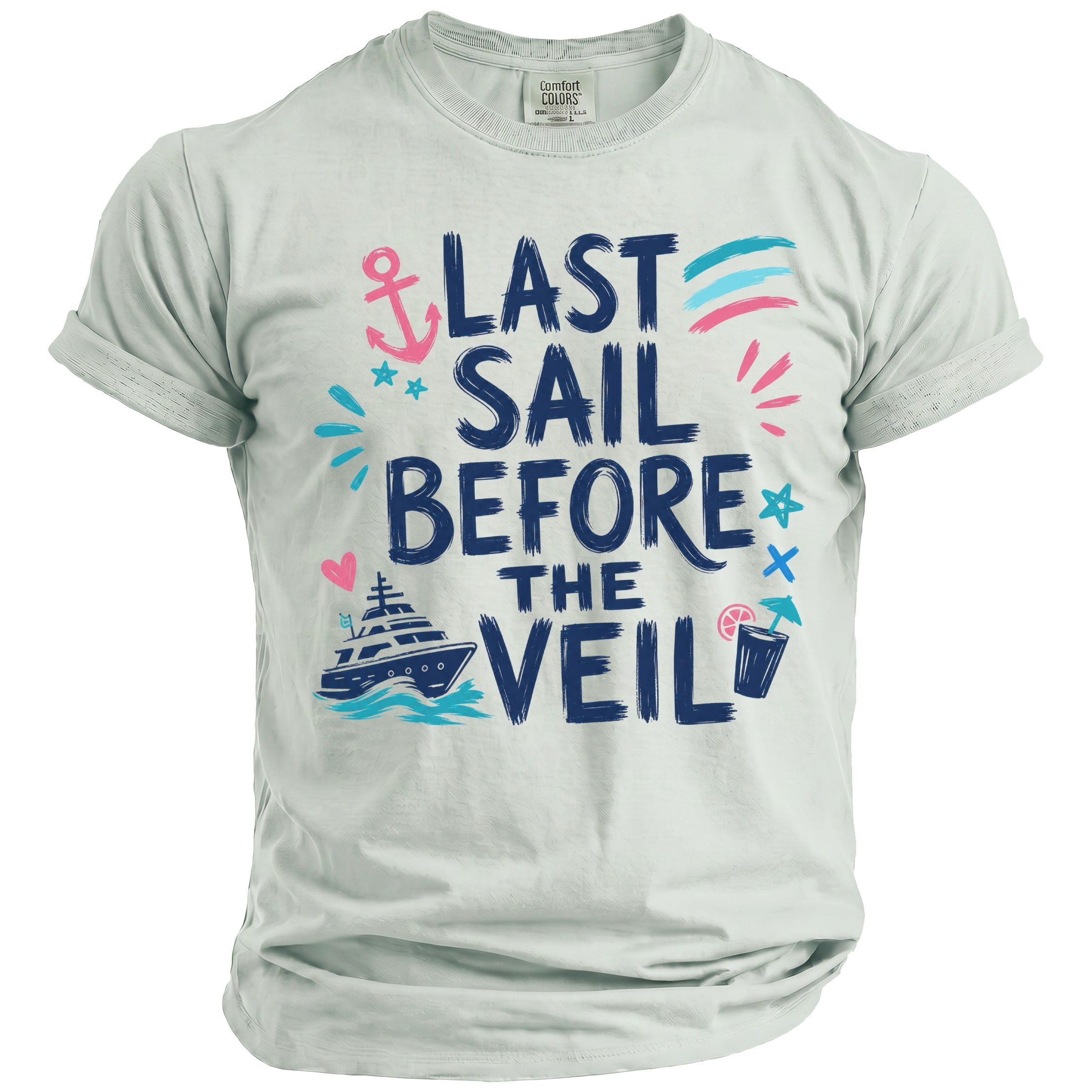Light gray t-shirt featuring blue text reading Last Sail Before The Veil, surrounded by nautical graphics.
