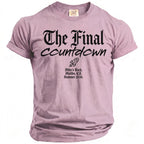 Pink t-shirt with black gothic text "The Final Countdown" and rocket graphic.