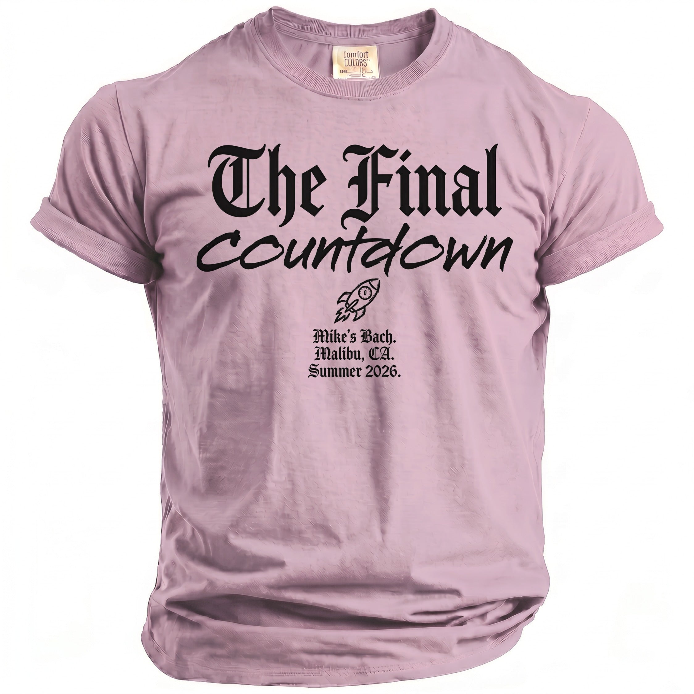 Pink t-shirt with black gothic text "The Final Countdown" and rocket graphic.