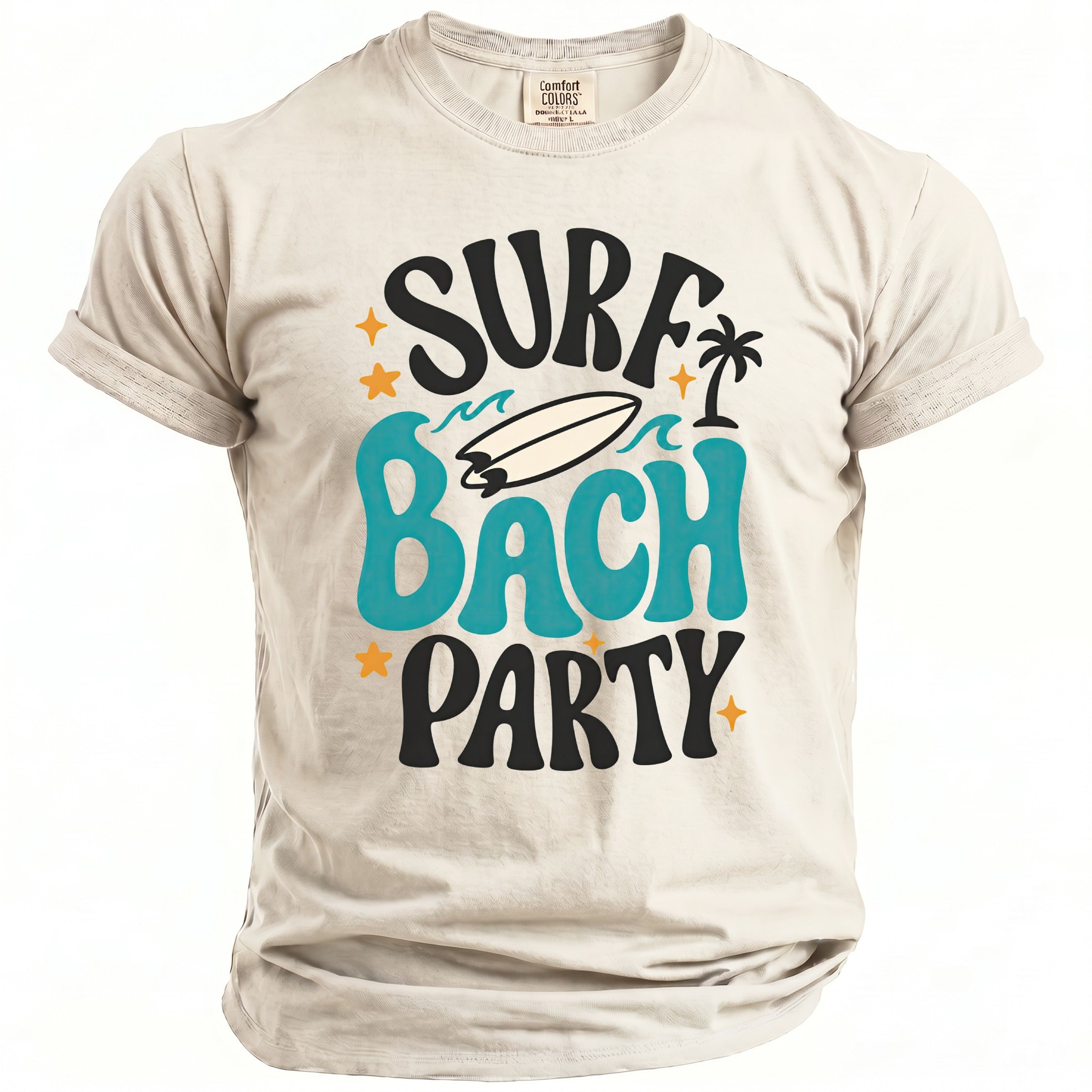Cream t-shirt with "Surf Bach Party" text and beach graphics.