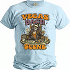 Light blue t-shirt with Vegas Bach Scene graphic featuring a skeleton gambler.