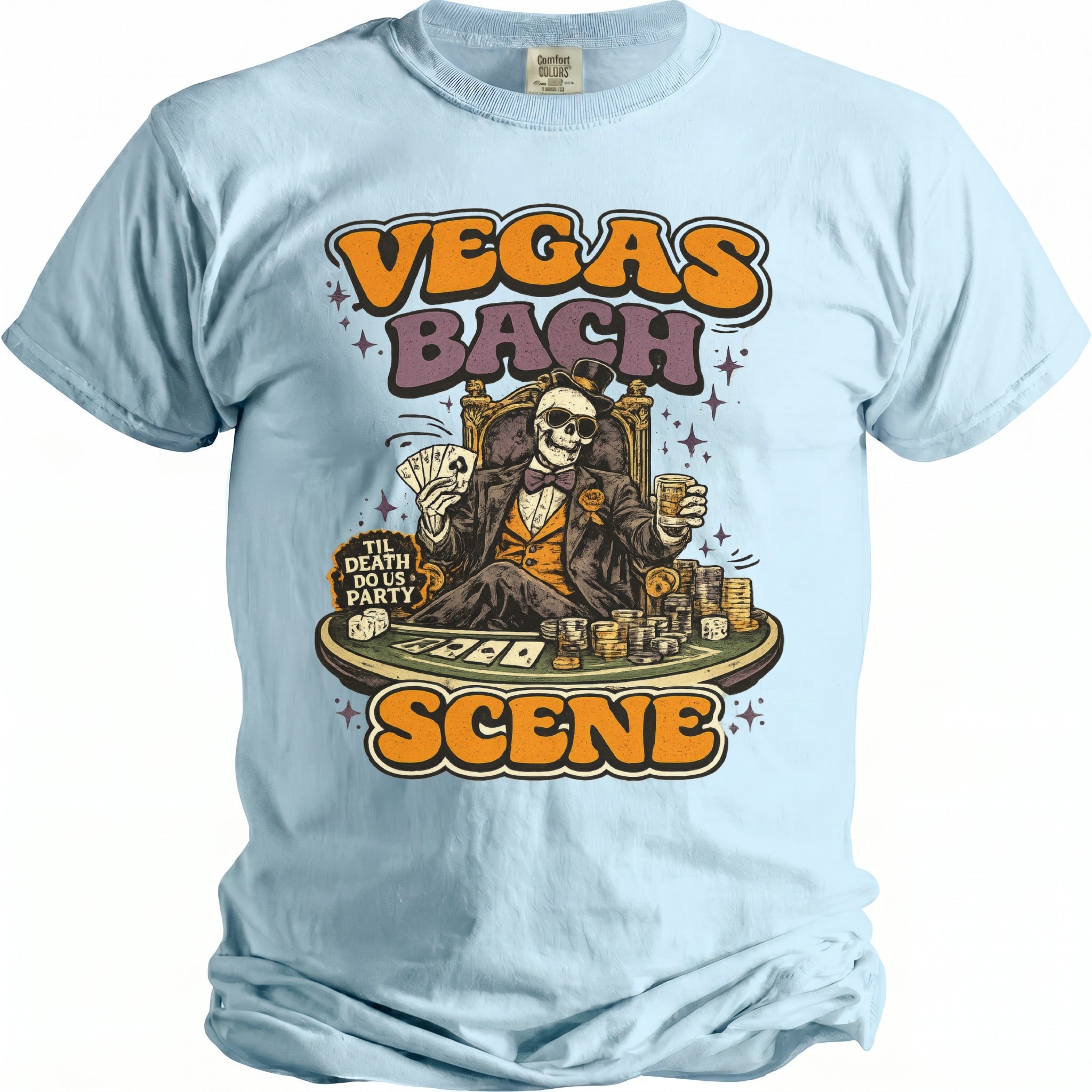 Light blue t-shirt with Vegas Bach Scene graphic featuring a skeleton gambler.