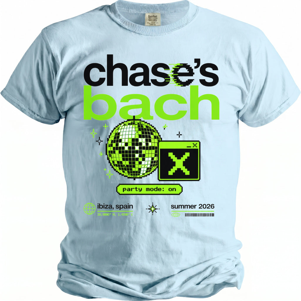 Light blue t-shirt with "chase's bach" graphic, disco ball, and Ibiza location.