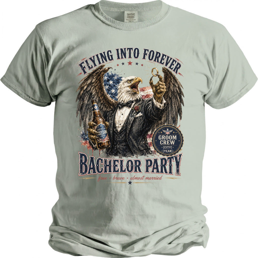 Eagle in a suit holding a beer bottle and ring, with "Bachelor Party" text.
