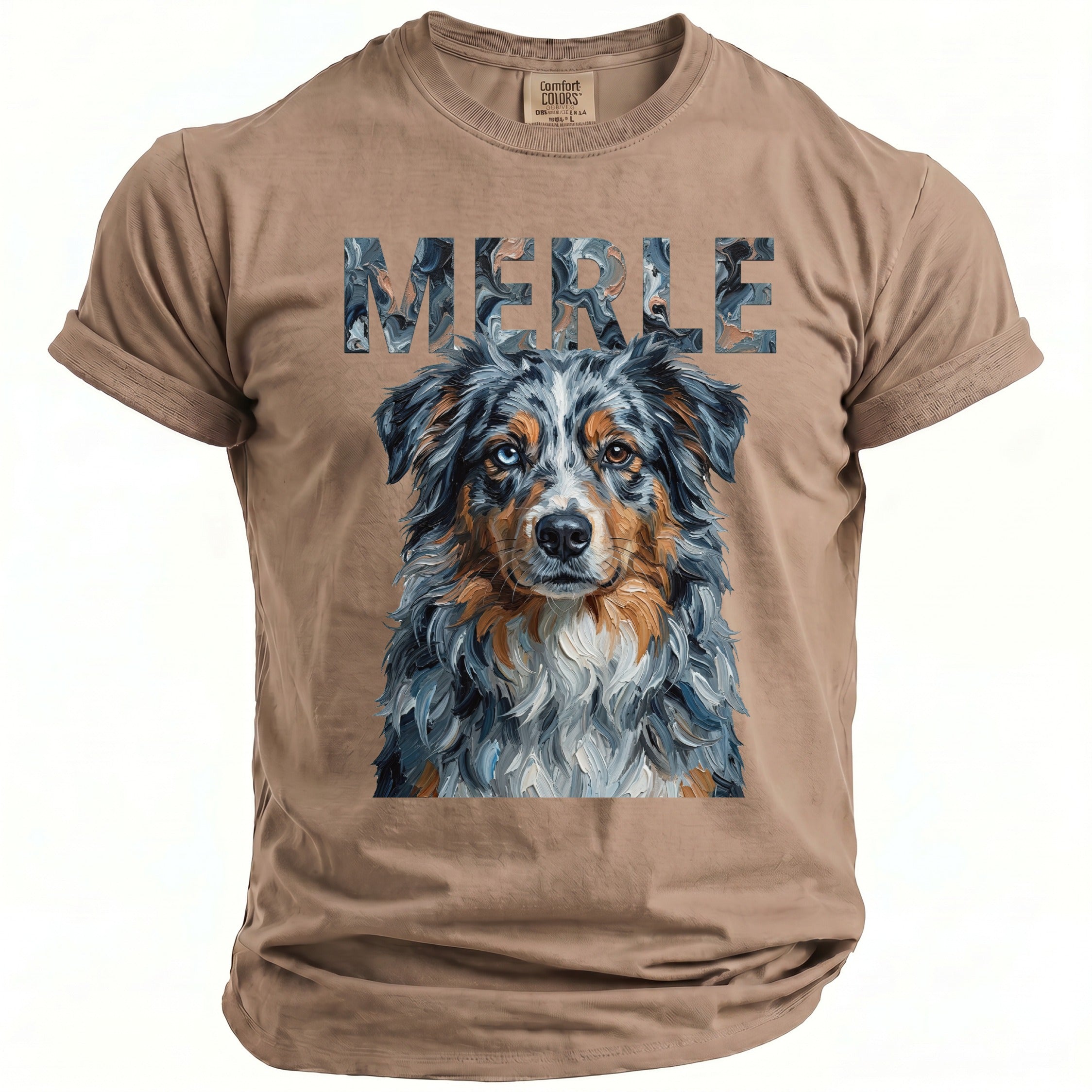 Tan t-shirt with a painted Australian Shepherd dog portrait and the word "MERLE" above.