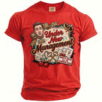 Red t-shirt with "Under New Management" graphic for Mike's Bach, La, CA, Summer 2026.