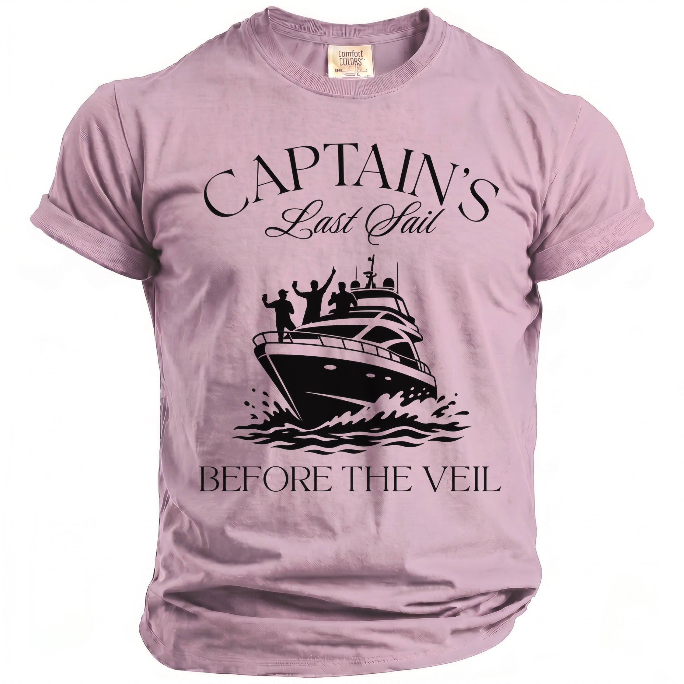 Pink t-shirt with "CAPTAIN'S Last Sail BEFORE THE VEIL" text and yacht graphic.