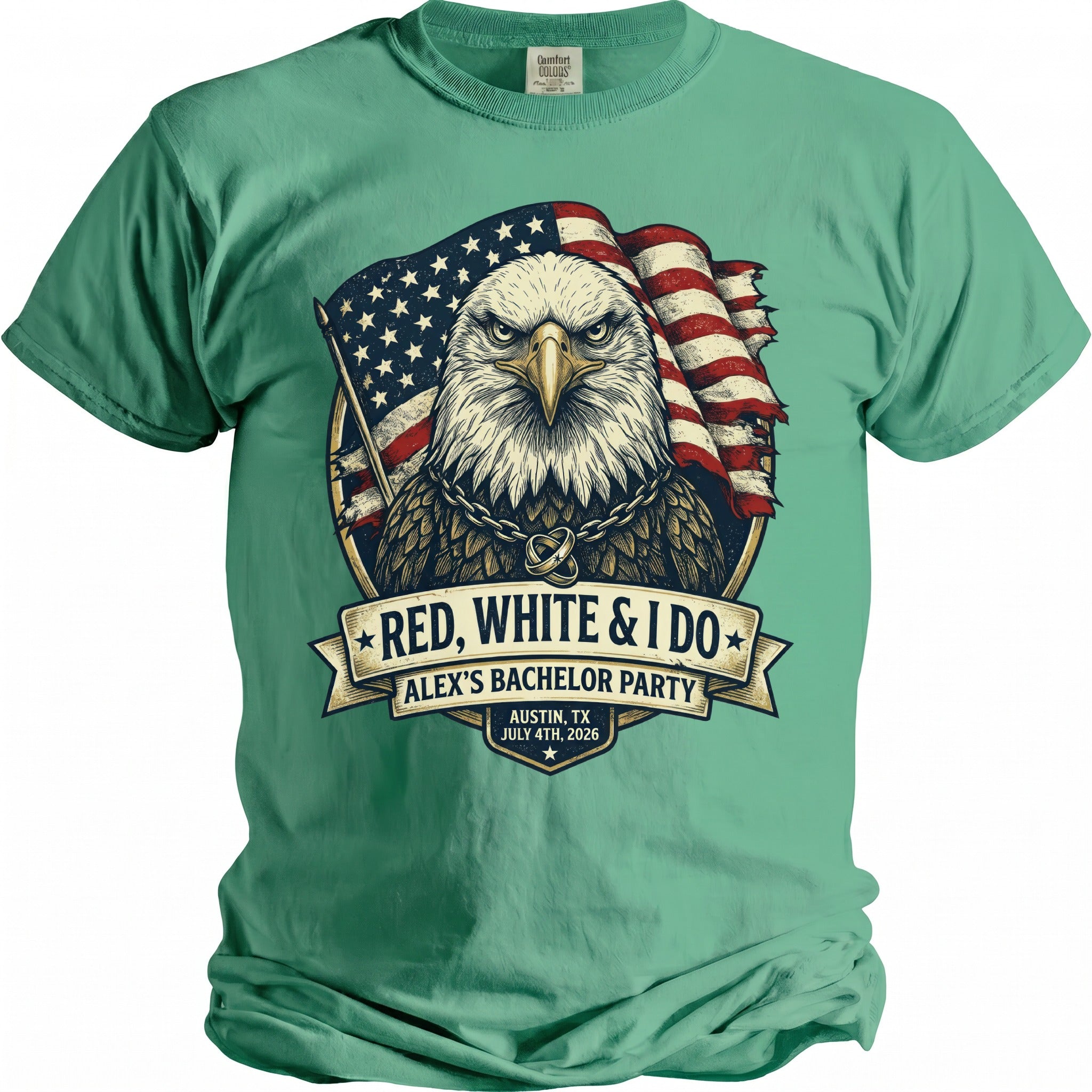 Eagle with American flag, "Red, White & I Do Alex's Bachelor Party" text.