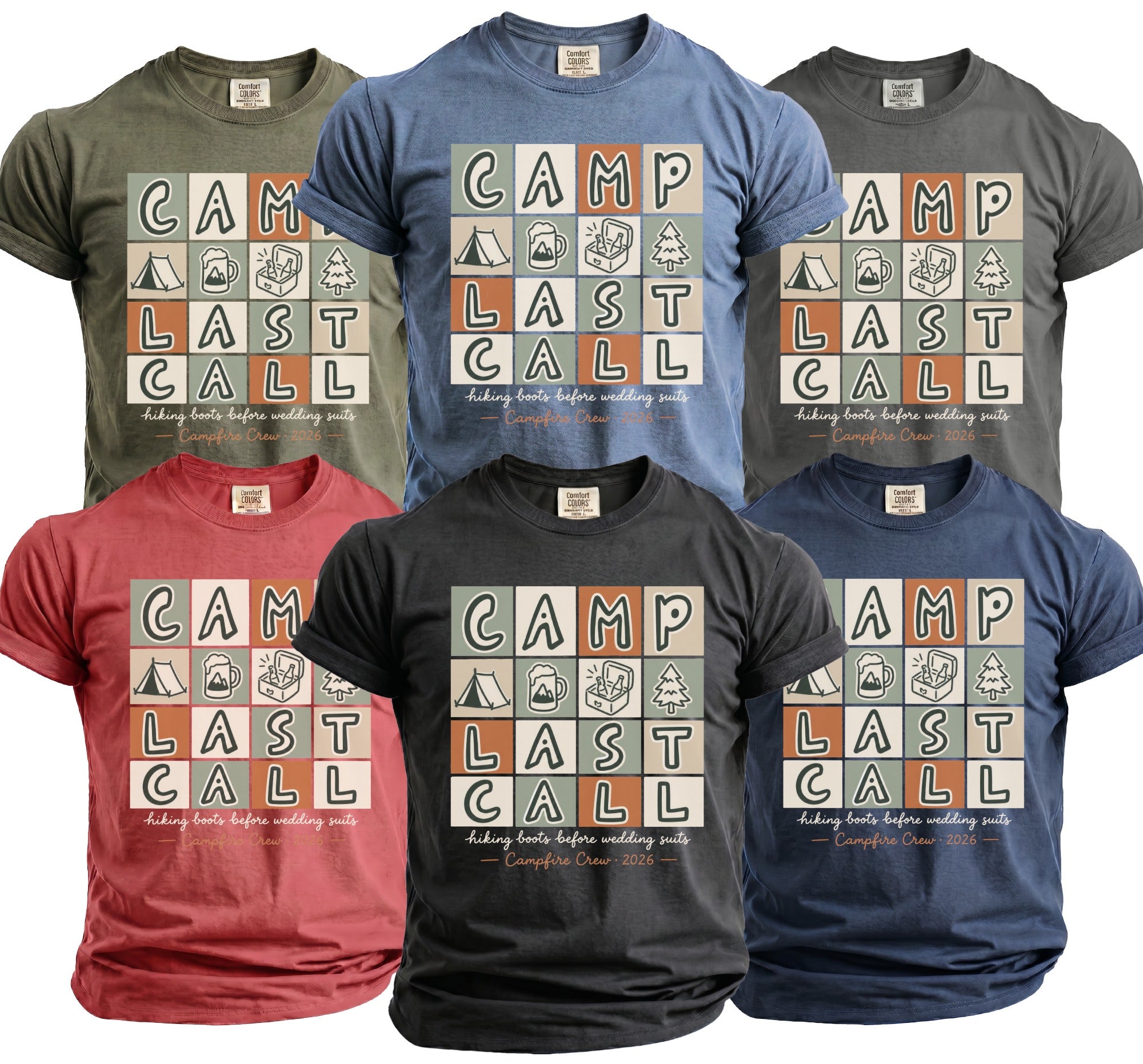 T-shirts featuring "CAMP LAST CALL" graphic with camping icons and "Campfire Crew 2026".