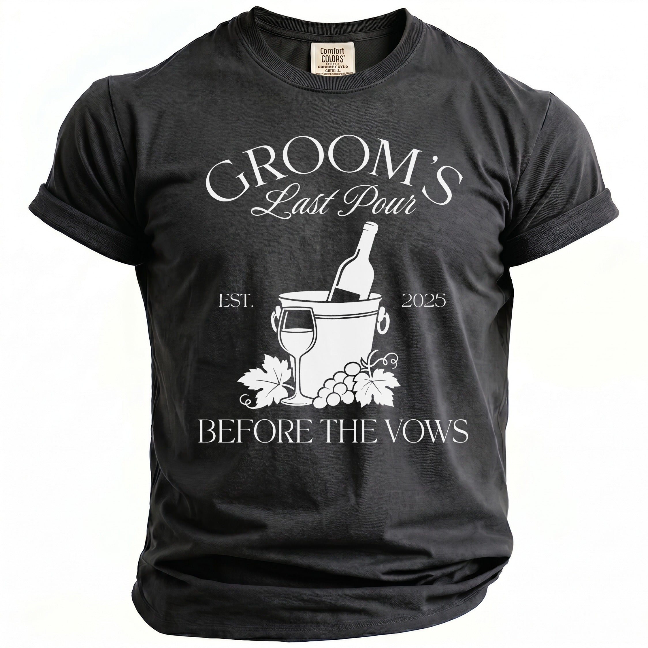 Dark t-shirt with "Groom's Last Pour" graphic featuring wine bottle and glass.