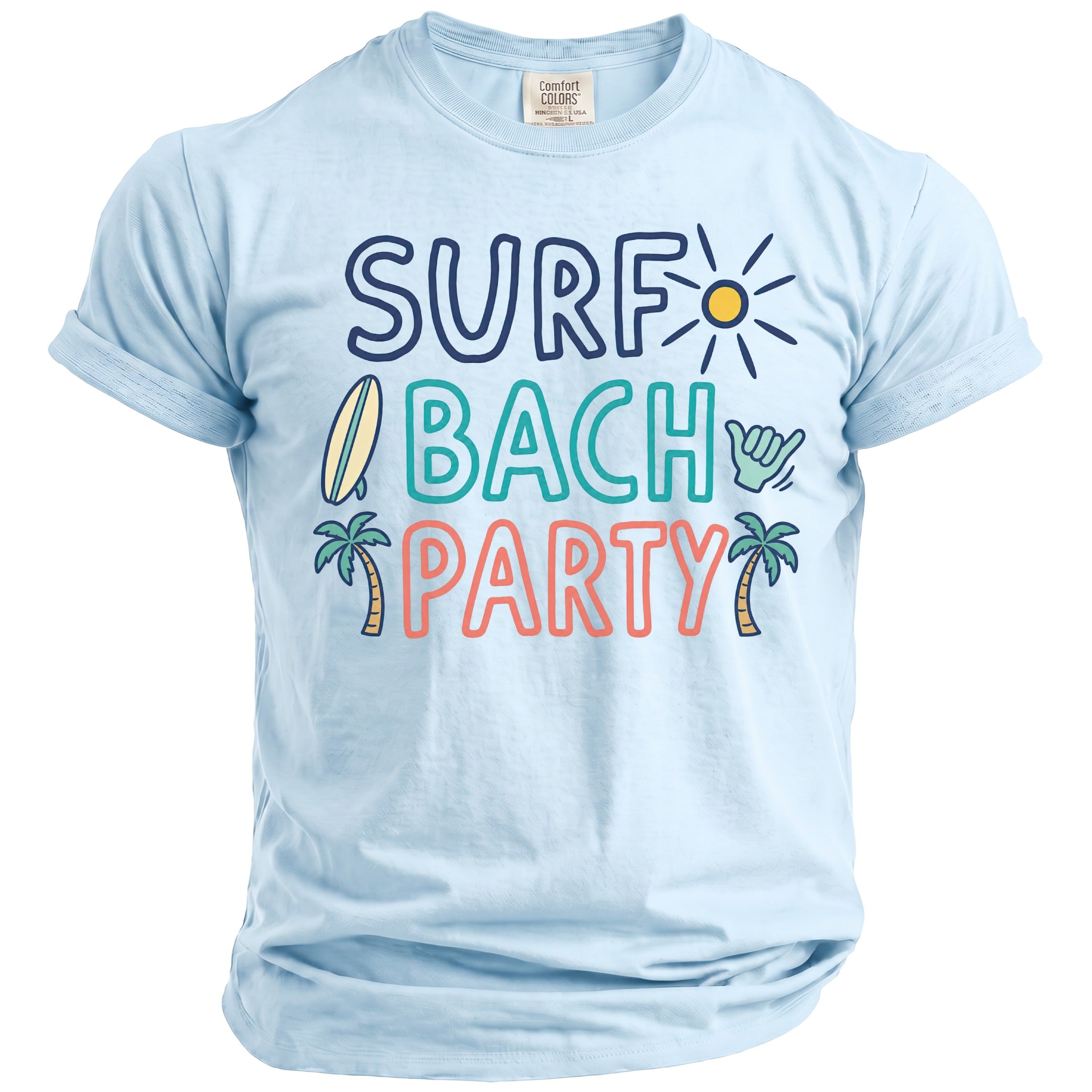 Light blue t-shirt with "Surf Bach Party" text and beach graphics.
