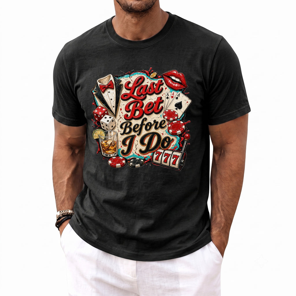 Black t-shirt with "Last Bet Before I Do" text and casino graphics.
