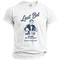 White t-shirt with "Last Bet Before We Tie The Knot Bachelor Party 2026" graphic.