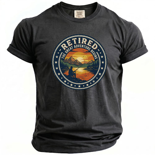 Dark gray t-shirt with "Retired The Great Adventure Begins" graphic of a fisherman.