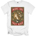 White t-shirt with "Make Art Not War" text and artistic portrait of a woman.