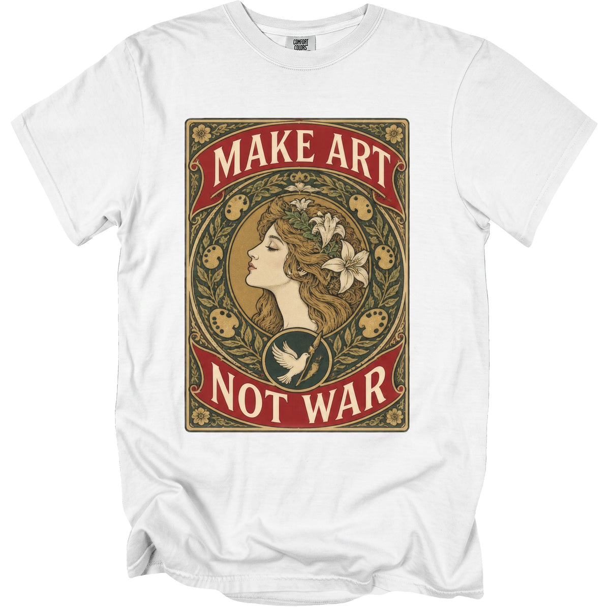 White t-shirt with "Make Art Not War" text and artistic portrait of a woman.