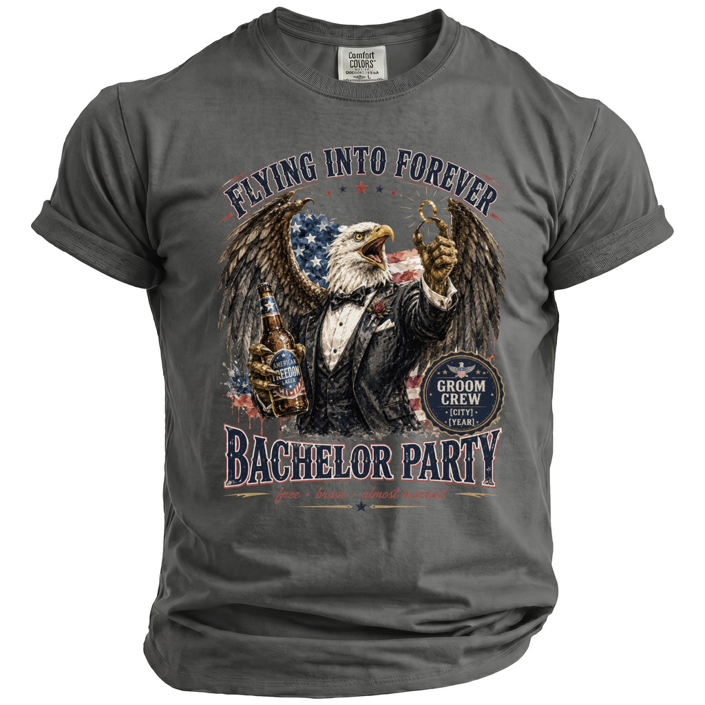 Eagle in tuxedo holding beer, with text "Flying Into Forever Bachelor Party".