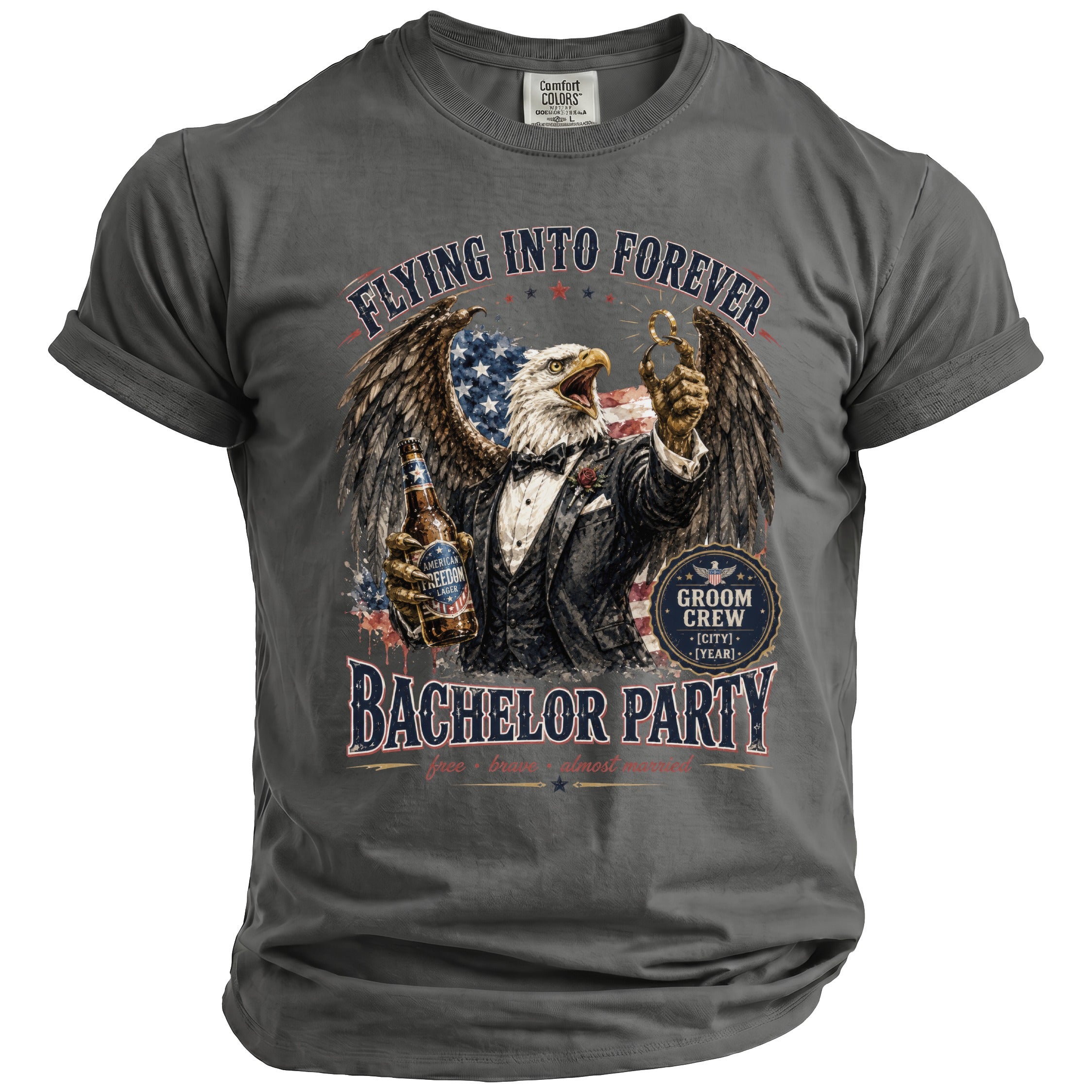 Eagle in tuxedo holding beer, with text "Flying Into Forever Bachelor Party".