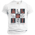 White t-shirt with "ALL IN!" graphic, dice, chips, aces, and text.