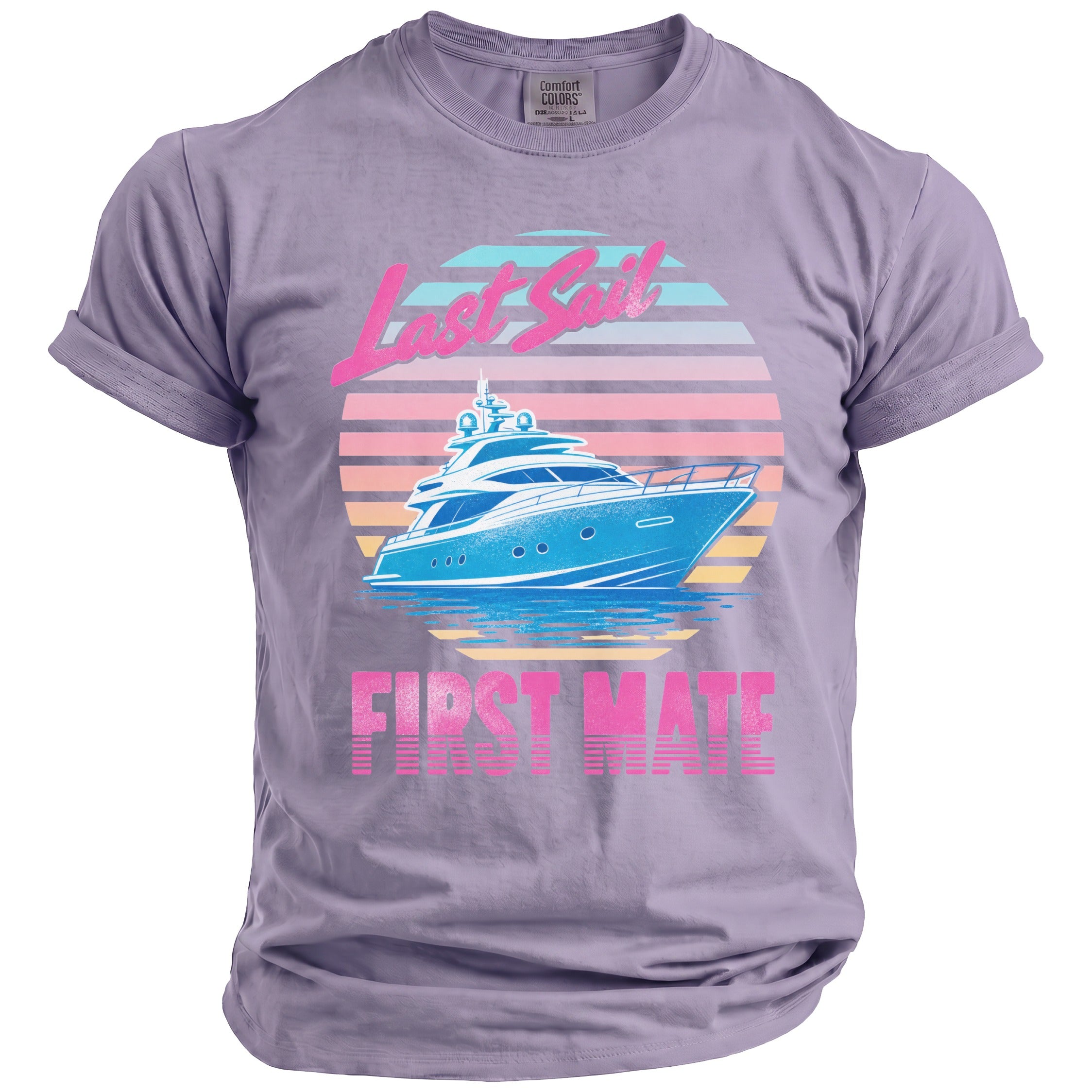 Lavender crewneck t-shirt featuring a retro sun and yacht graphic with the text Last Sail First Mate.