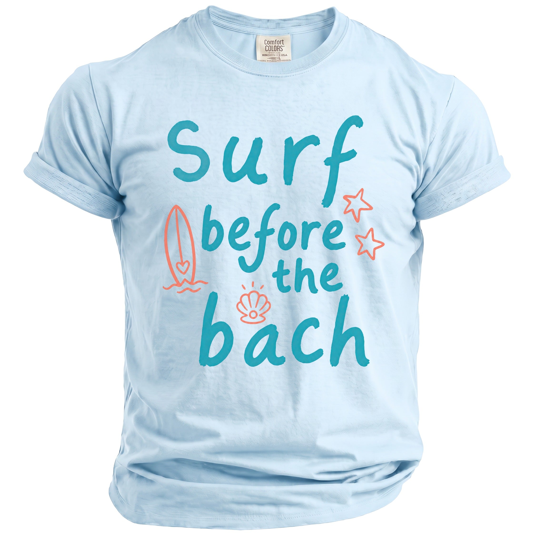 Light blue t-shirt with "surf before the bach" graphic and beach icons.