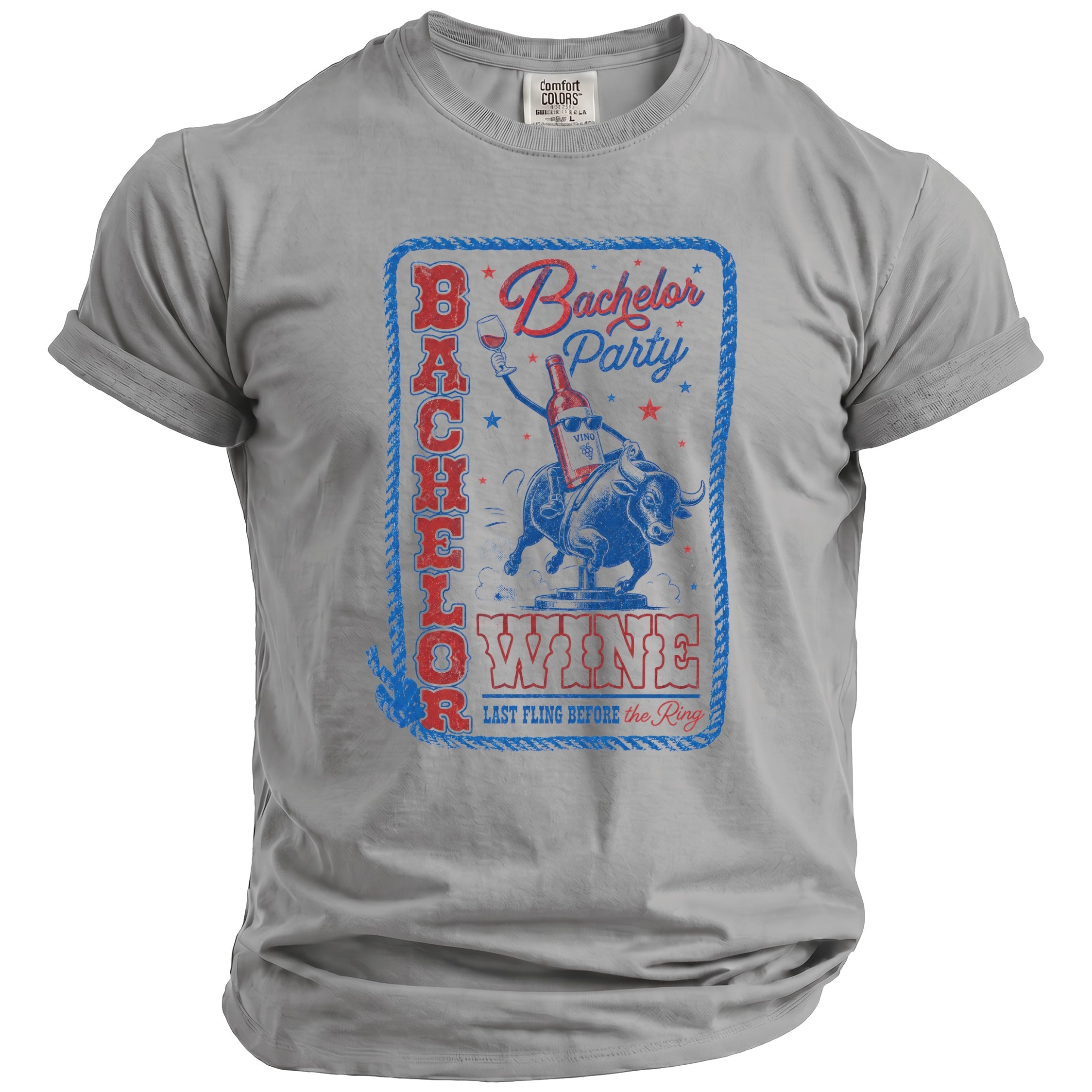 Grey t-shirt with Bachelor Party text, bull rider, and wine bottle graphic.