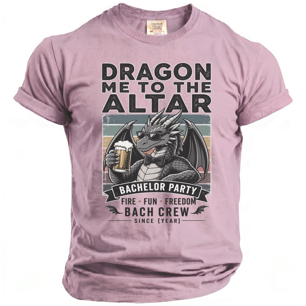 Pink t-shirt with 'Dragon Me to the Altar' text and a dragon holding a beer.