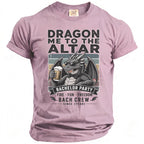 Pink t-shirt with 'Dragon Me to the Altar' text and a dragon holding a beer.