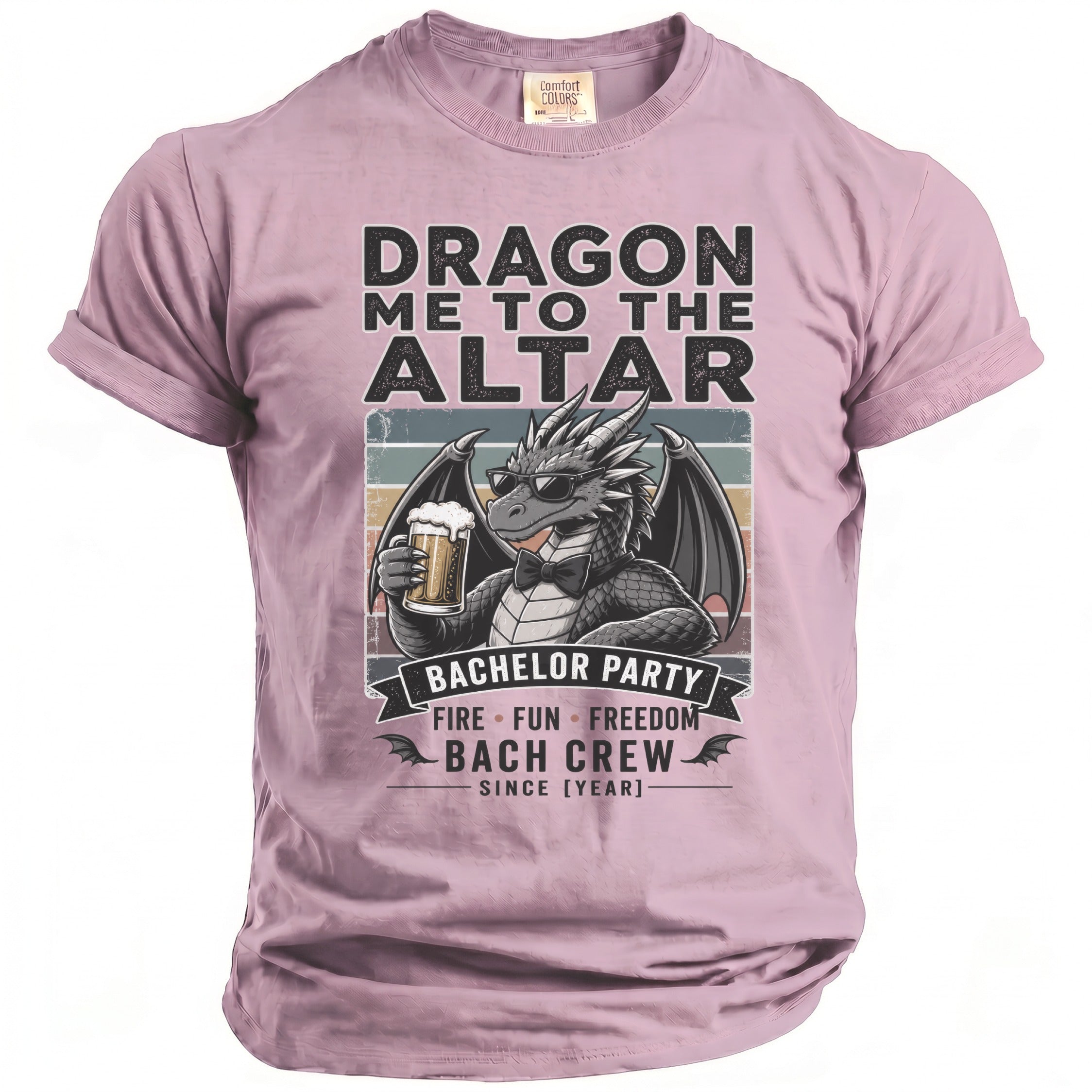 Pink t-shirt with 'Dragon Me to the Altar' text and a dragon holding a beer.