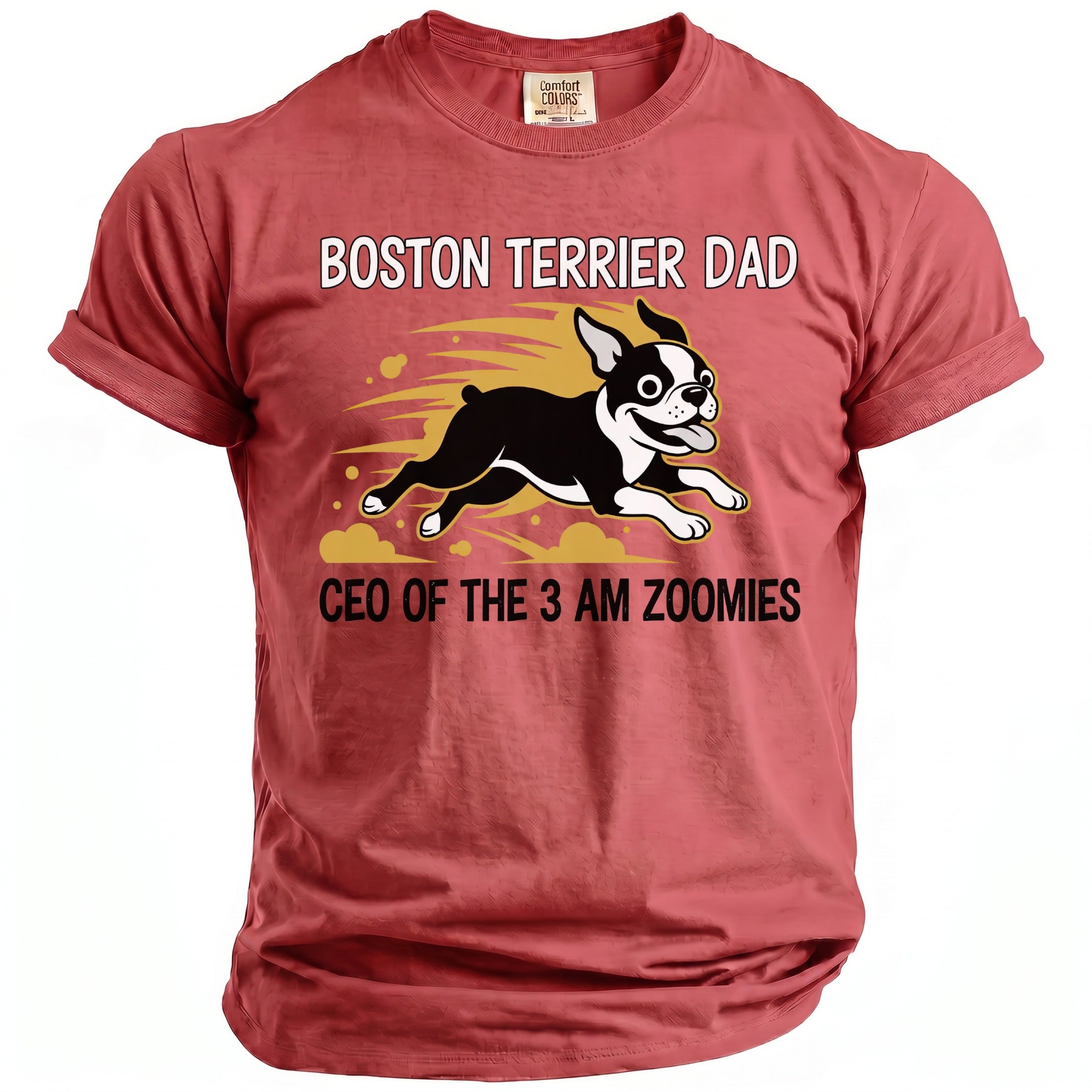 Red t-shirt with Boston Terrier Dad text and running dog graphic.