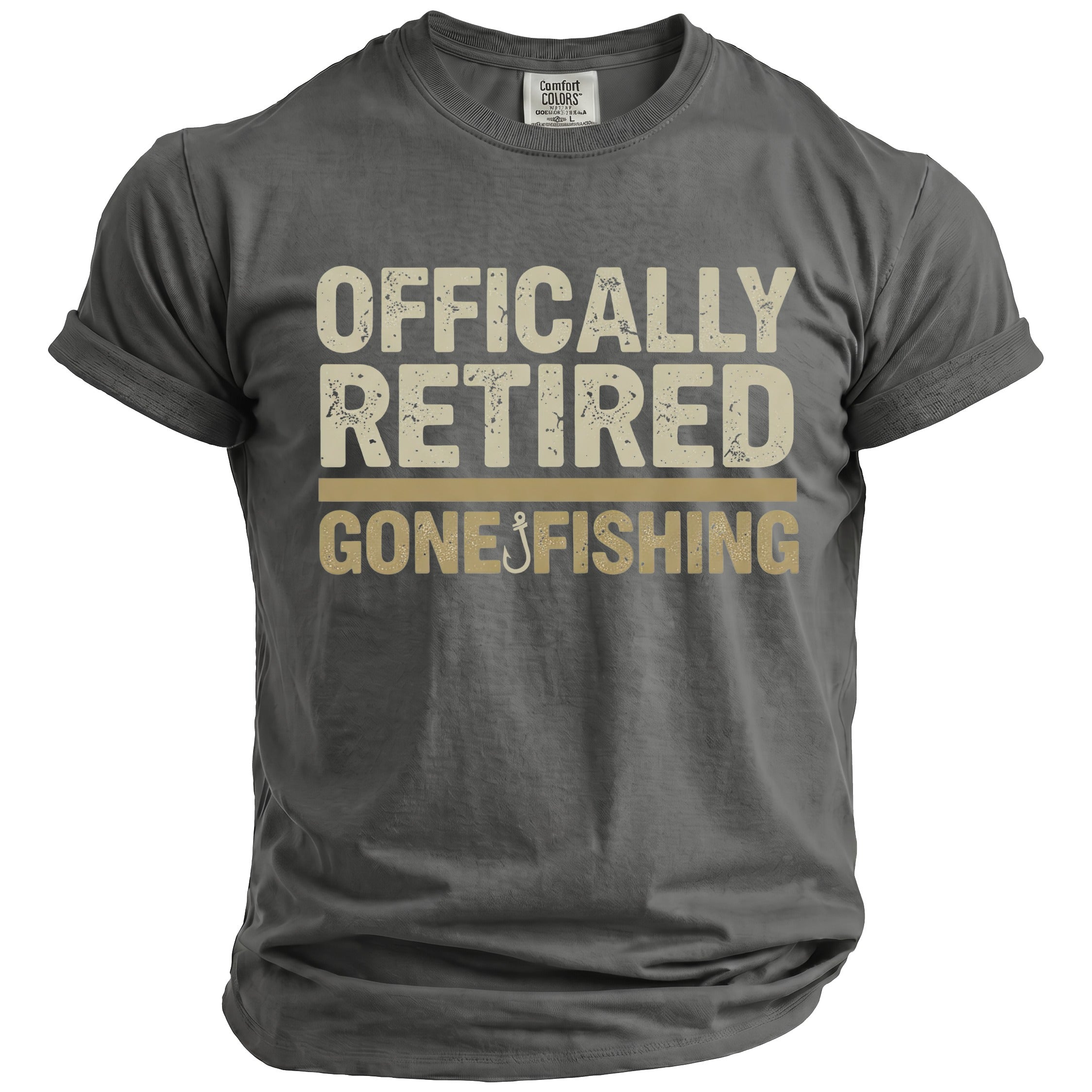 Grey t-shirt with distressed text "OFFICALLY RETIRED GONE FISHING" and a fish hook.