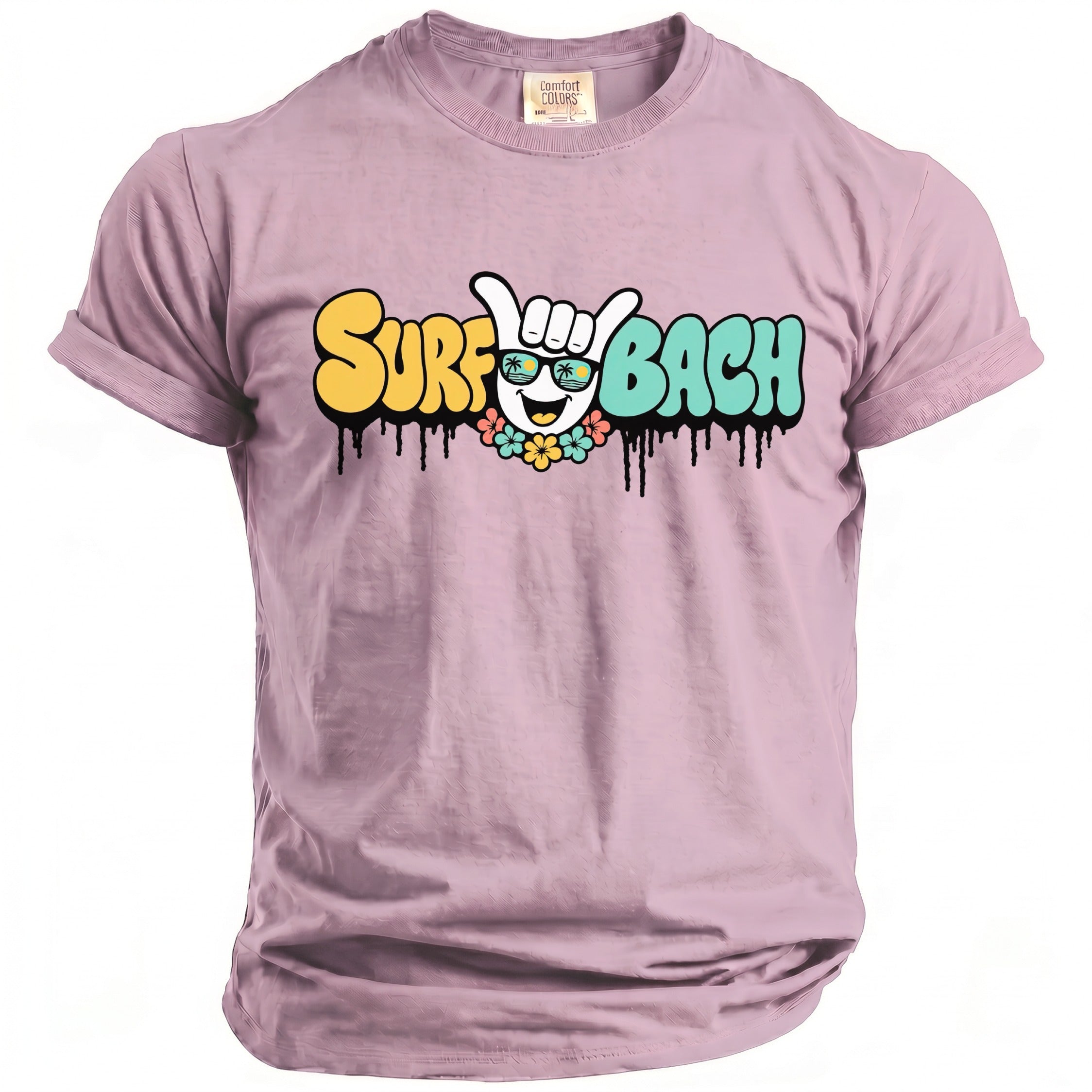 Purple t-shirt with "Surf Bach" text and a cartoon sun wearing sunglasses.