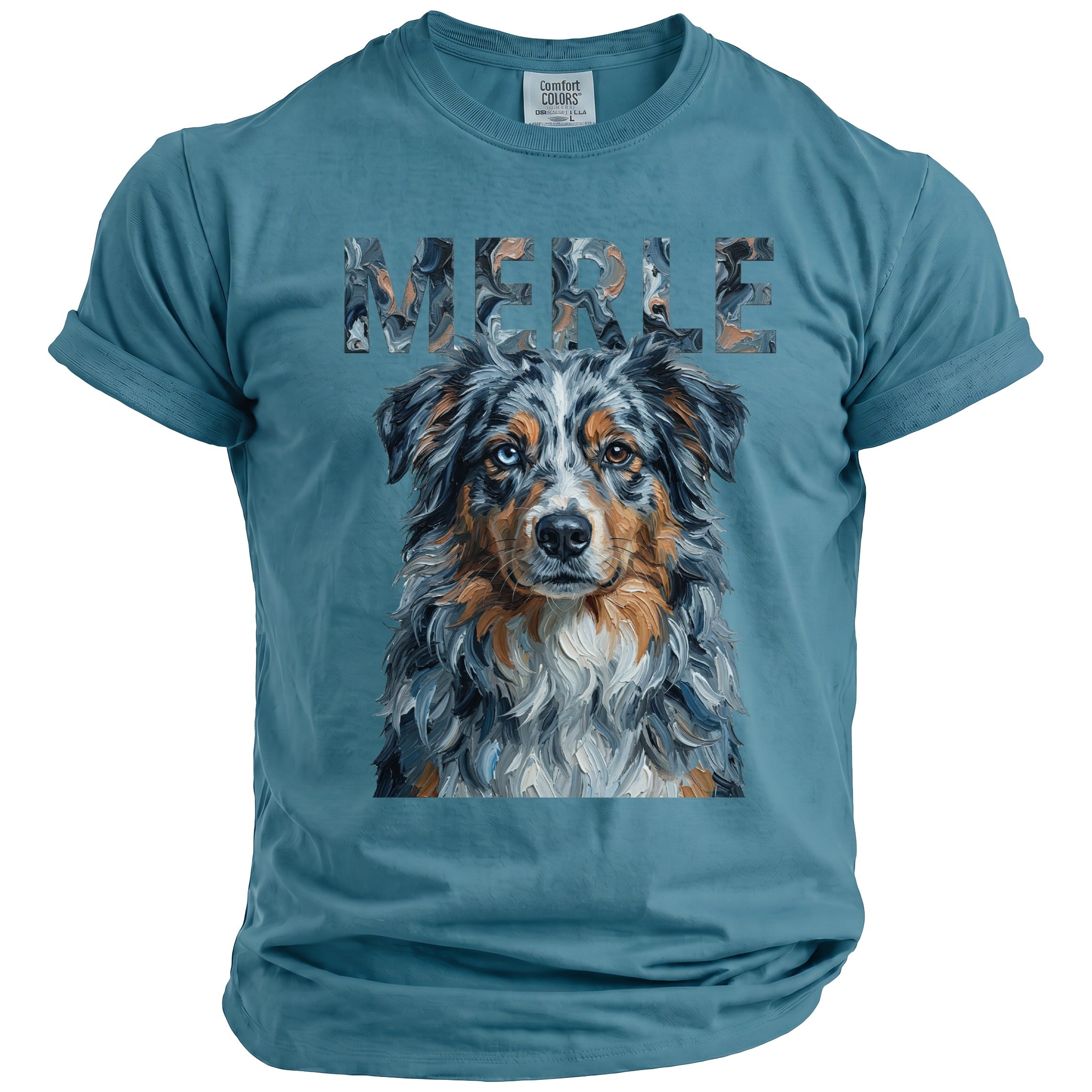 Blue t-shirt with "MERLE" text and a portrait of a merle Australian Shepherd dog.