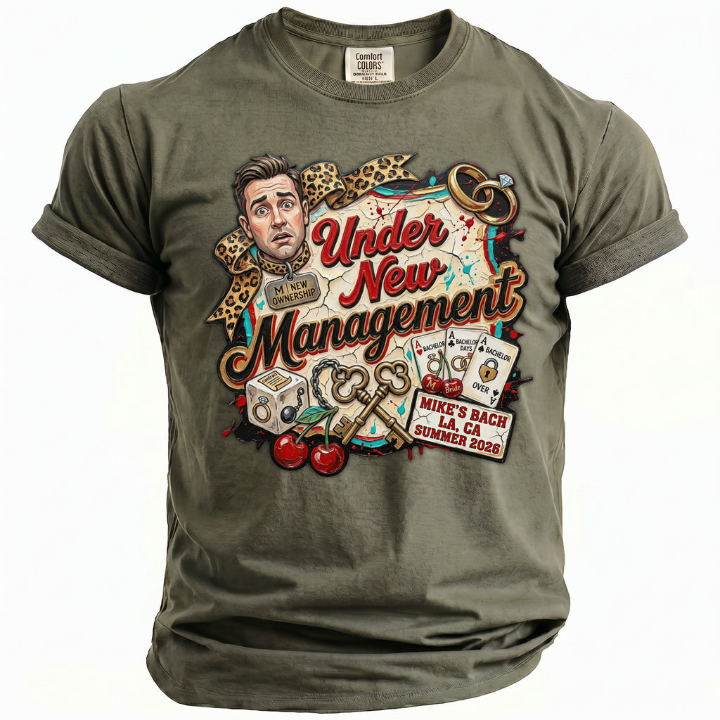Green t-shirt graphic with "Under New Management", Mike's Bach, LA, CA, Summer 2026.
