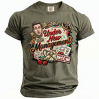 Green t-shirt graphic with "Under New Management", Mike's Bach, LA, CA, Summer 2026.